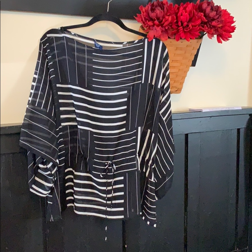 Chaps black white drawstring sheer top w/ tank PXL